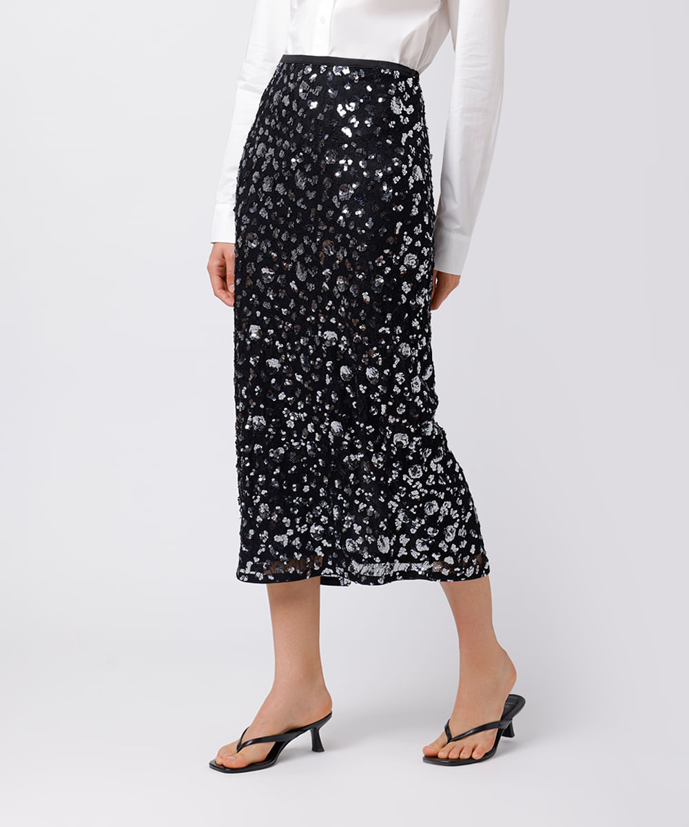 Saia midi feminina de paetê com fenda