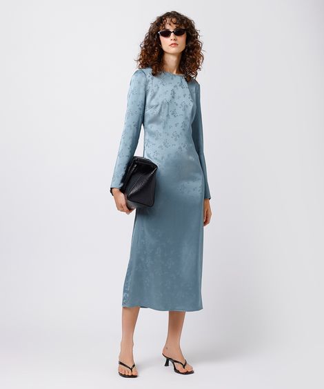 vestido midi feminino acetinado com fenda floral mindset azul