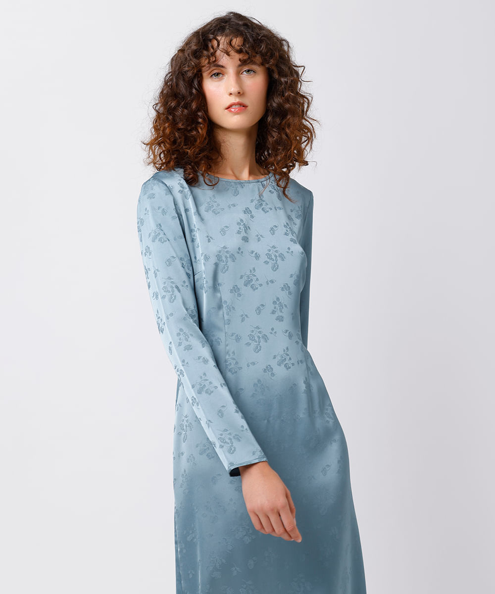 vestido midi feminino acetinado com fenda floral mindset azul