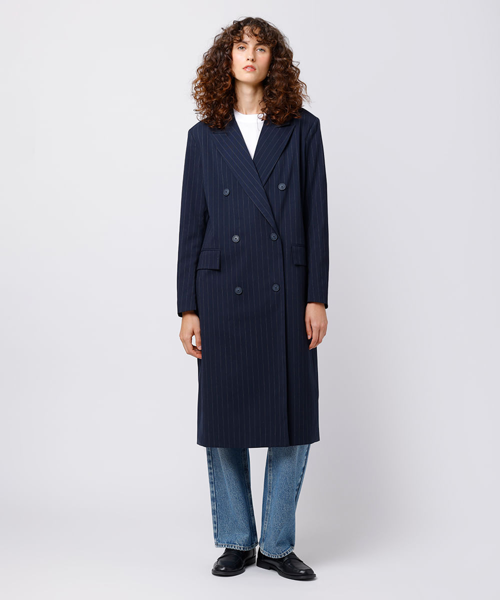 blazer feminino de alfaiataria alongado risca de giz mindset azul