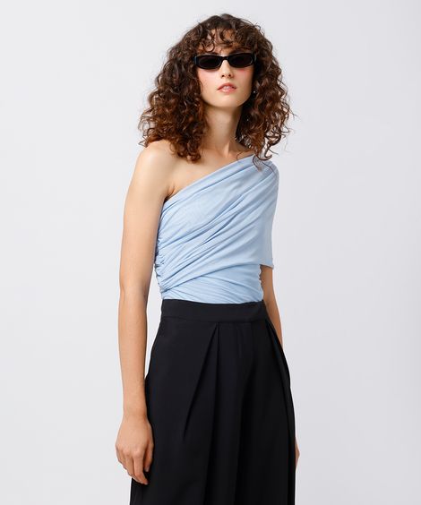 blusa ombro único feminina de tule franzida mindset azul