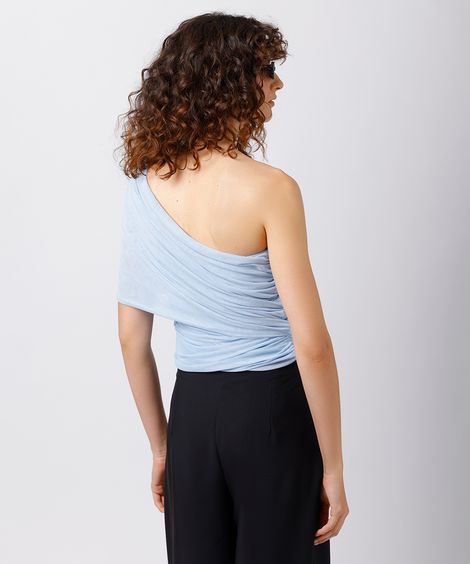 blusa ombro único feminina de tule franzida mindset azul