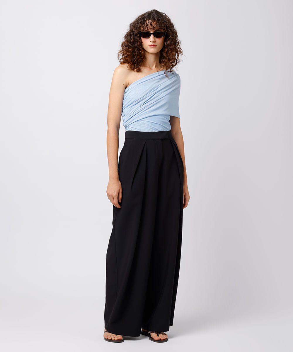 blusa ombro único feminina de tule franzida mindset azul