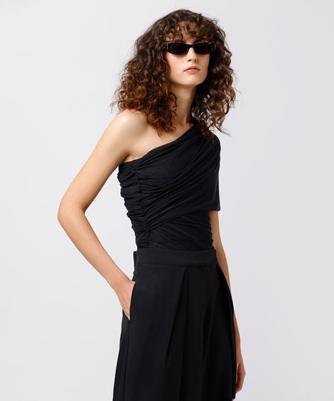 blusa ombro único feminina de tule franzida mindset preta