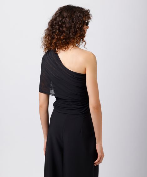 blusa ombro único feminina de tule franzida mindset preta