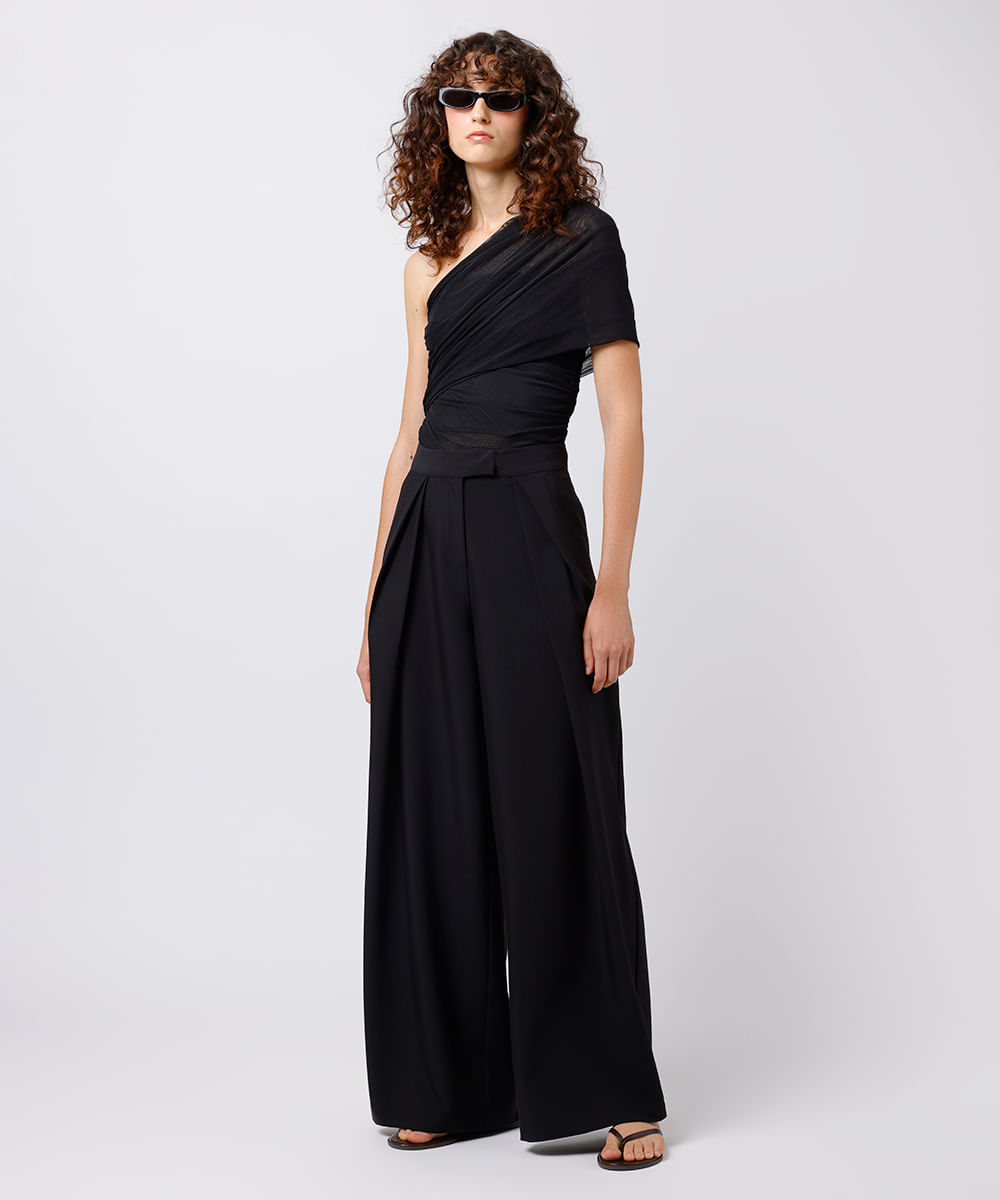 blusa ombro único feminina de tule franzida mindset preta