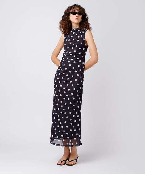 vestido midi feminino de tule franzido poá mindset preto