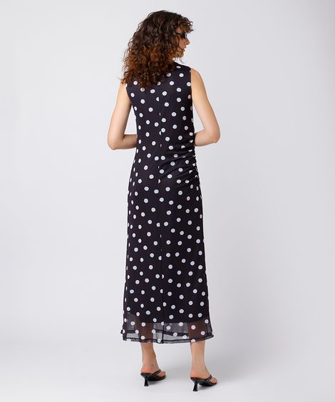 vestido midi feminino de tule franzido poá mindset preto