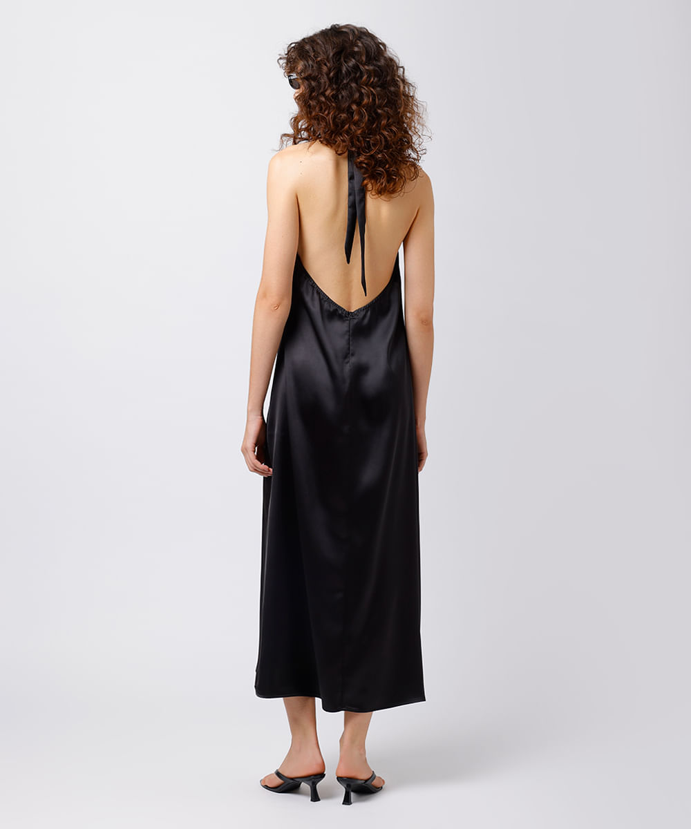 vestido midi feminino frente única acetinado mindset preto