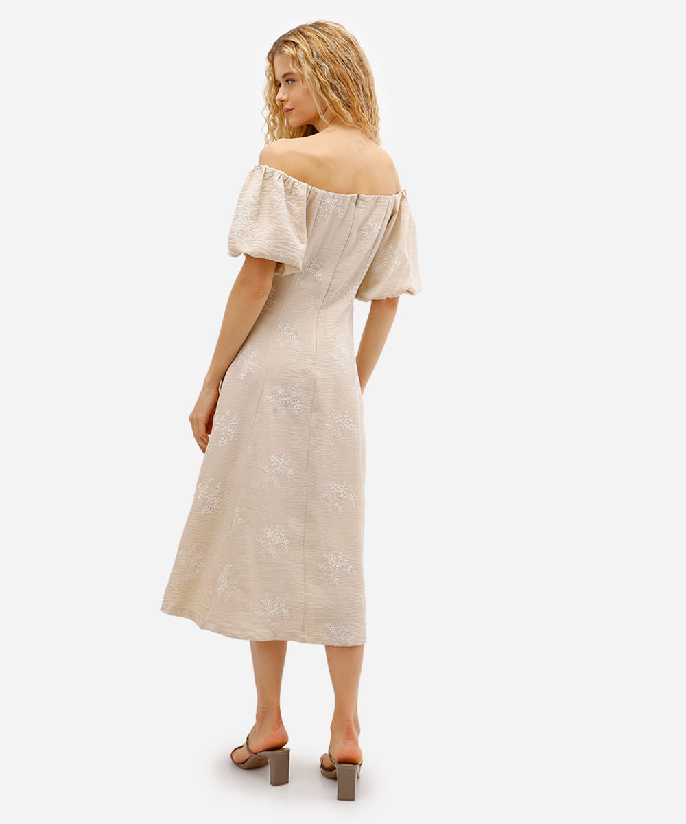 vestido midi feminino ombro a ombro texturizado floral bege