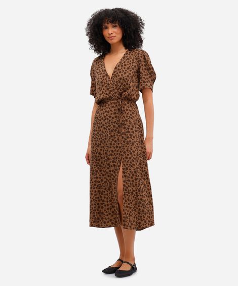 vestido midi feminino de viscose floral com fenda marrom