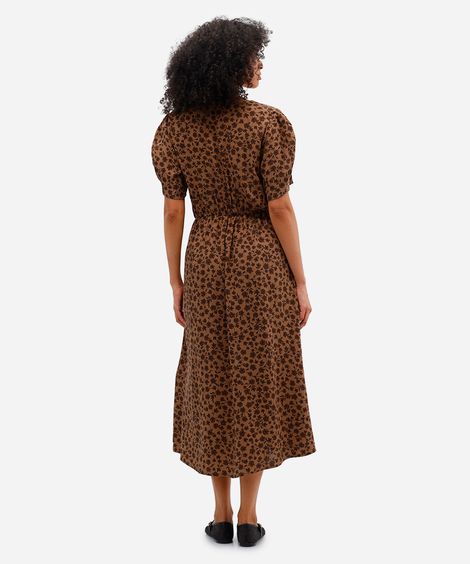 vestido midi feminino de viscose floral com fenda marrom