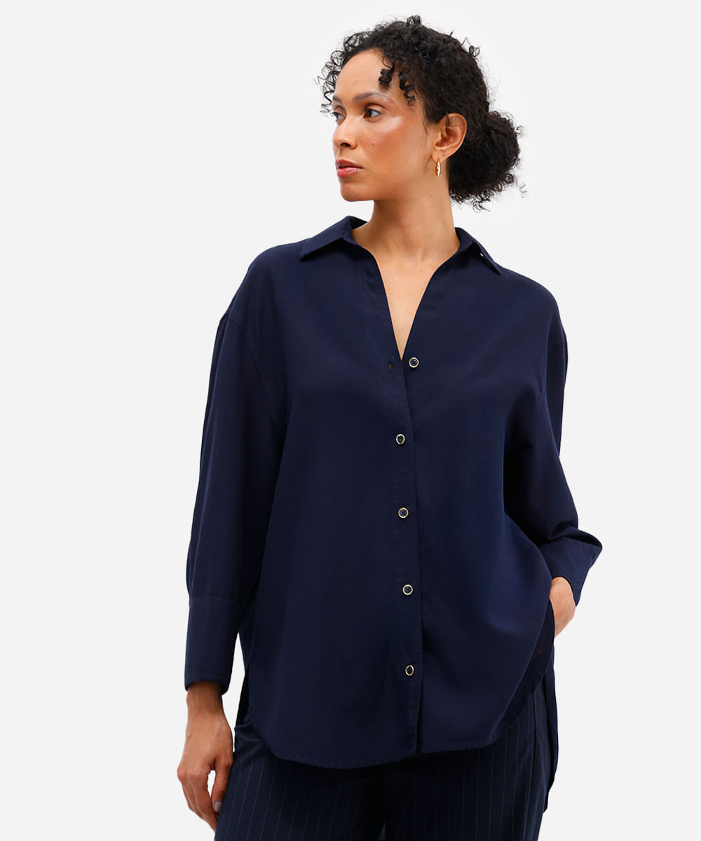 camisa feminina com linho azul