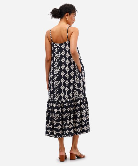 vestido midi feminino de viscose com recorte arabescos preto