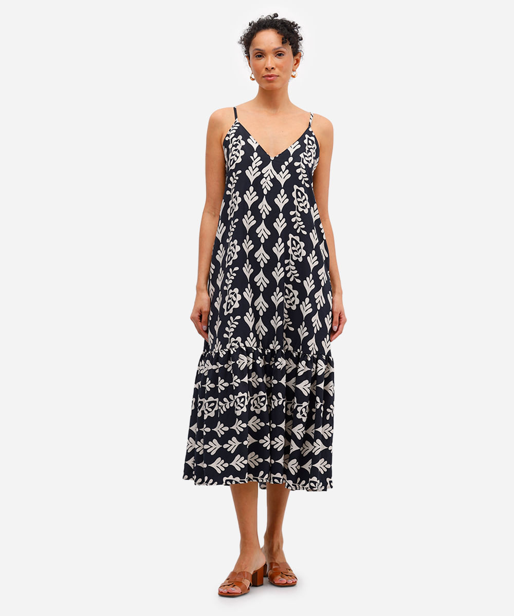vestido midi feminino de viscose com recorte arabescos preto