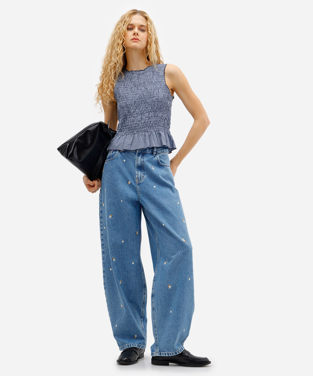 blusa feminina franzida xadrez azul