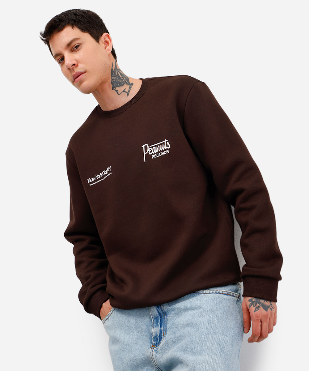 blusão masculino de moletom felpado snoopy marrom