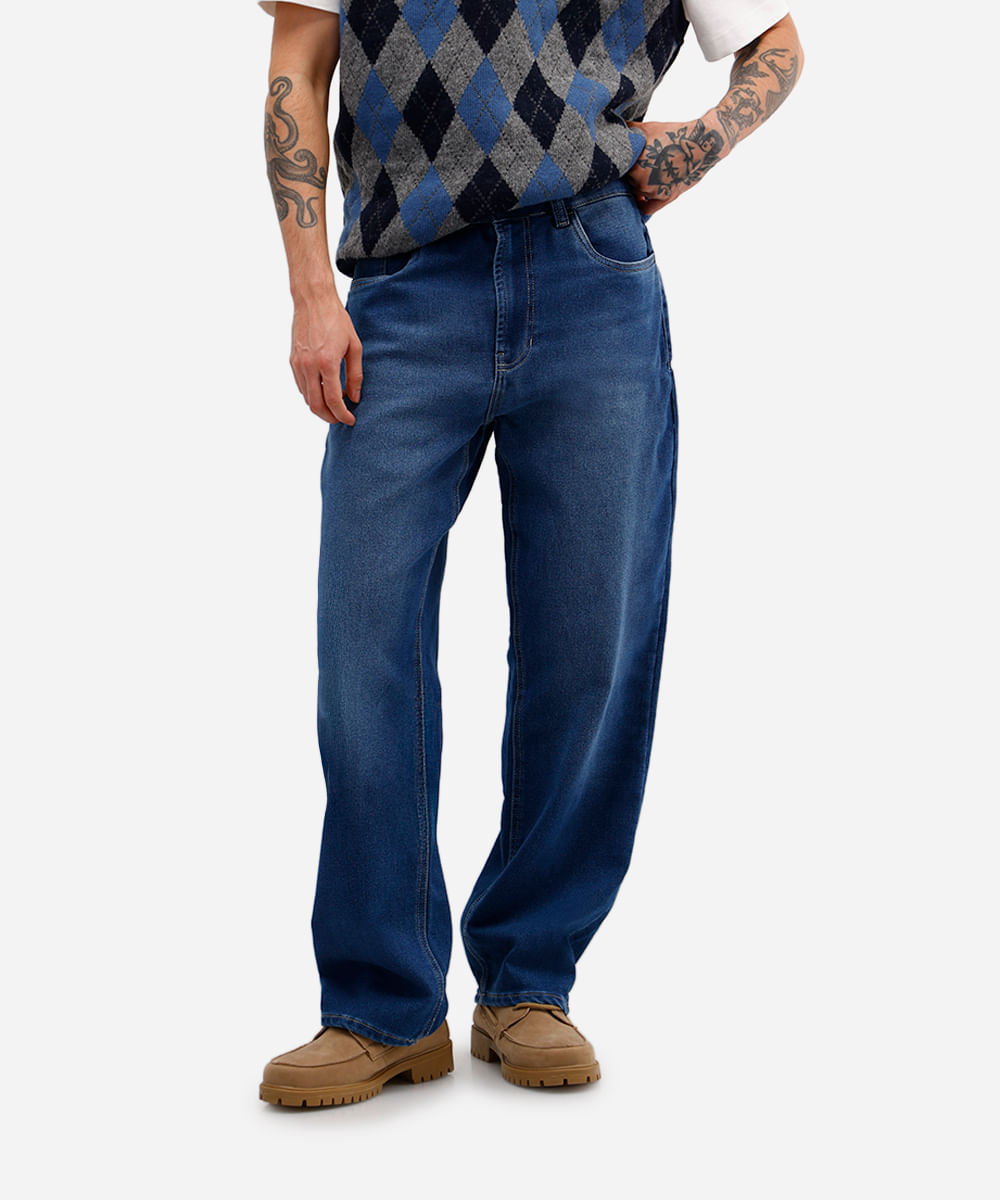calça comfort reta masculina jeans azul
