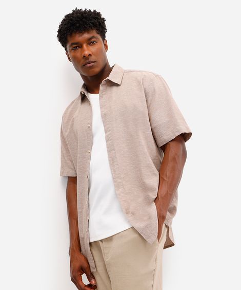 camisa comfort masculina com linho manga curta bege