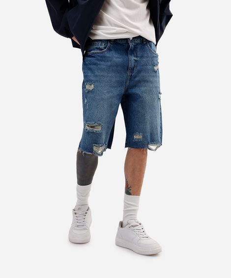bermuda baggy masculina jeans destroyed azul
