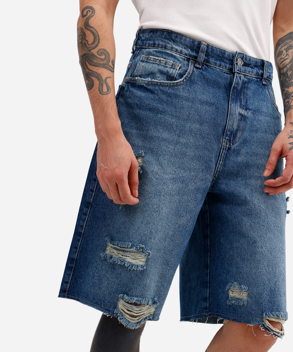 bermuda baggy masculina jeans destroyed azul