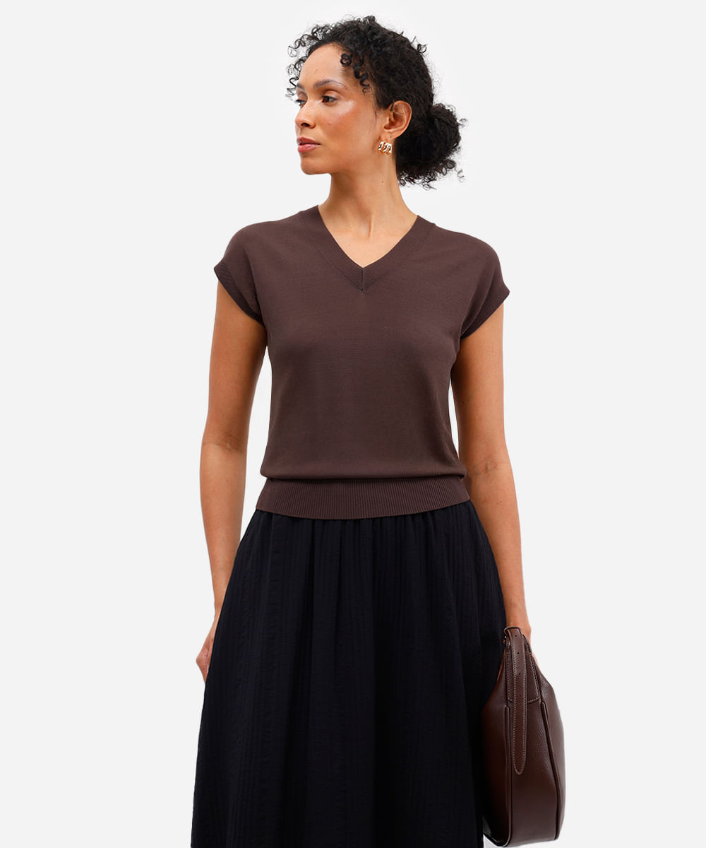blusa feminina de tricot decote v marrom