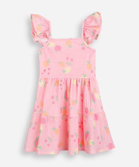 vestido infantil frutinhas com babados texturizado rosa