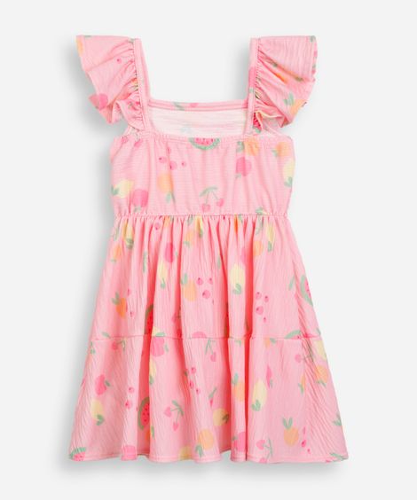 vestido infantil frutinhas com babados texturizado rosa