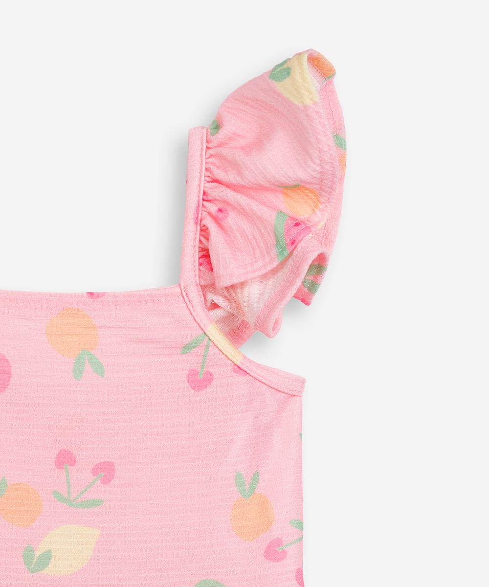 vestido infantil frutinhas com babados texturizado rosa