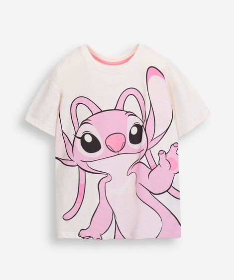 camiseta infantil de algodão stitch angel com glitter off white