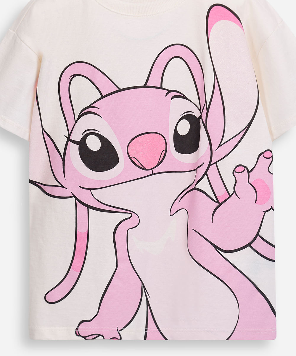 camiseta infantil de algodão stitch angel com glitter off white