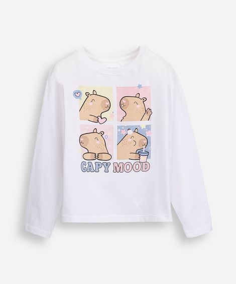 camiseta infantil de algodão capivaras com glitter off white