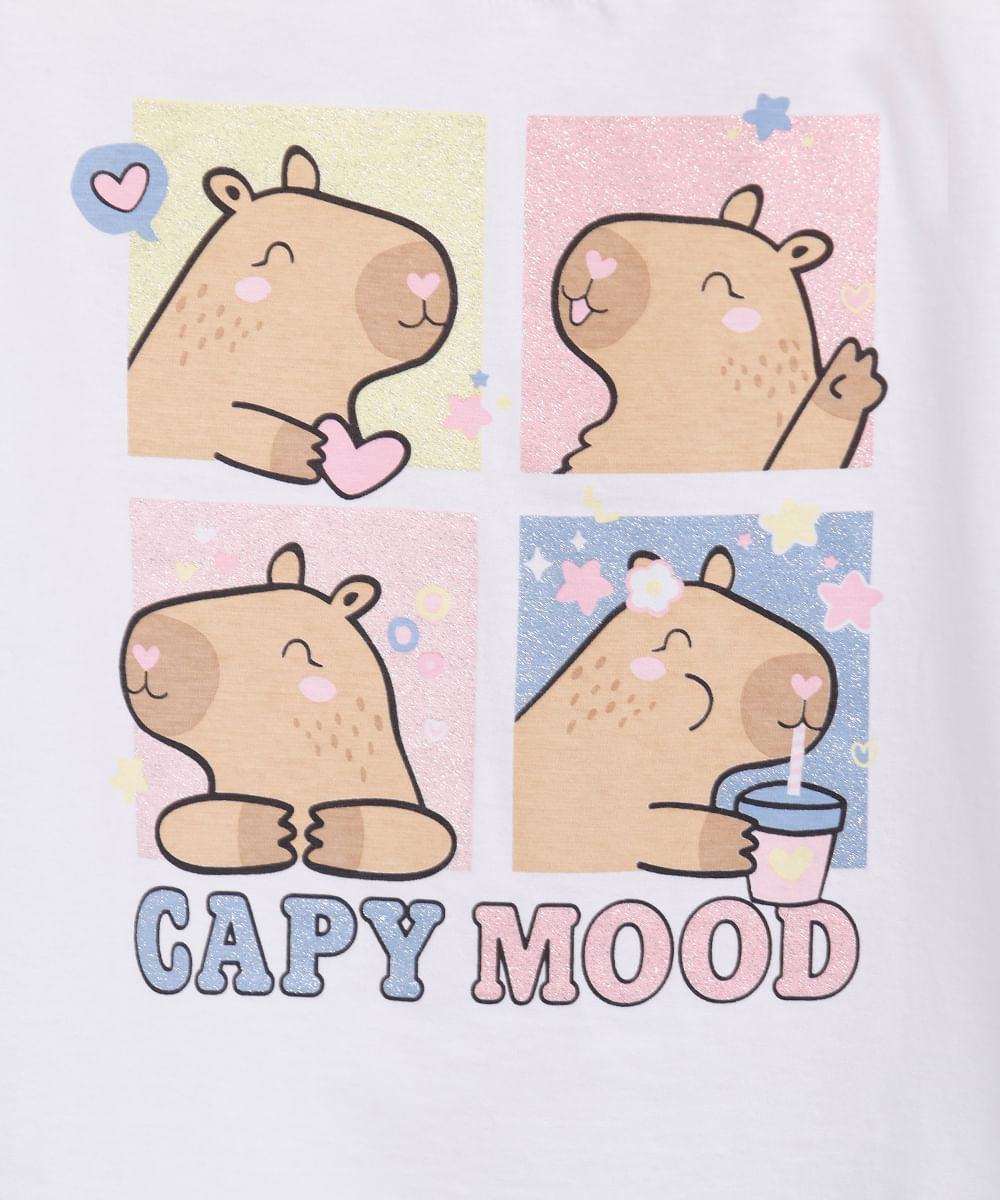 camiseta infantil de algodão capivaras com glitter off white