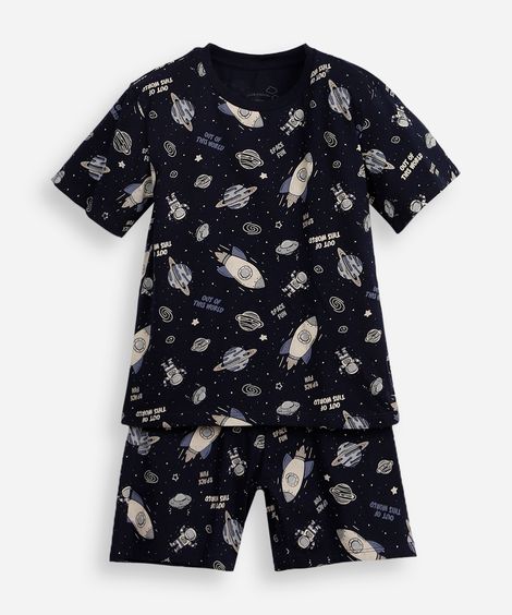 camiseta de pijama infantil manga curta galáxia azul