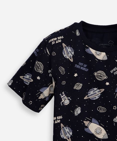 camiseta de pijama infantil manga curta galáxia azul