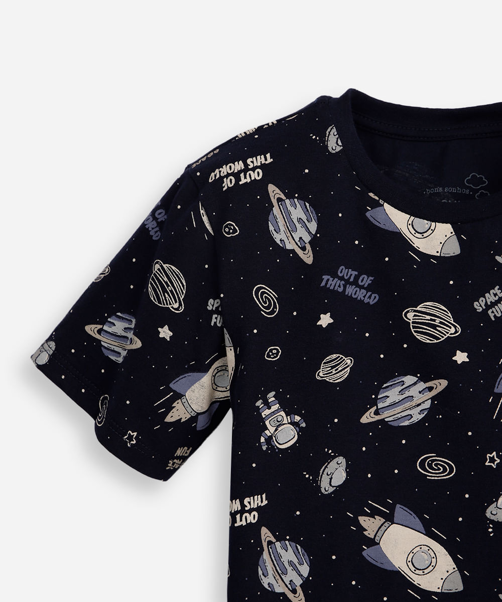 camiseta de pijama infantil manga curta galáxia azul