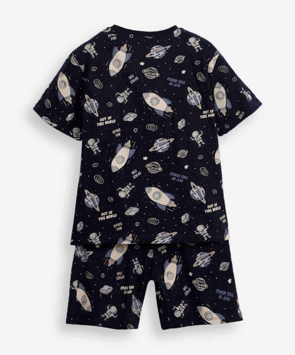 camiseta de pijama infantil manga curta galáxia azul
