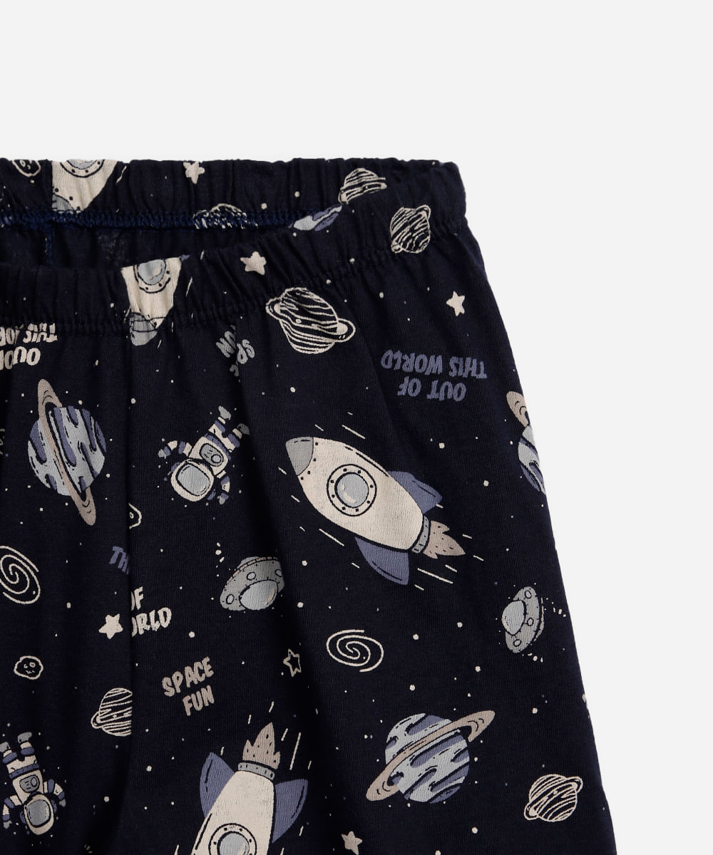 camiseta de pijama infantil manga curta galáxia azul