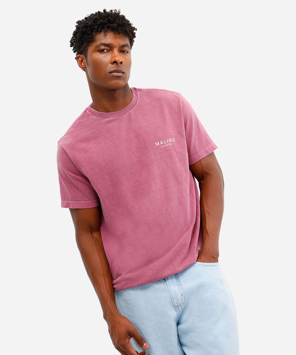 camiseta masculina de algodão manga curta malibu rosa