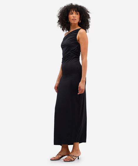 vestido midi ombro único franzido preto