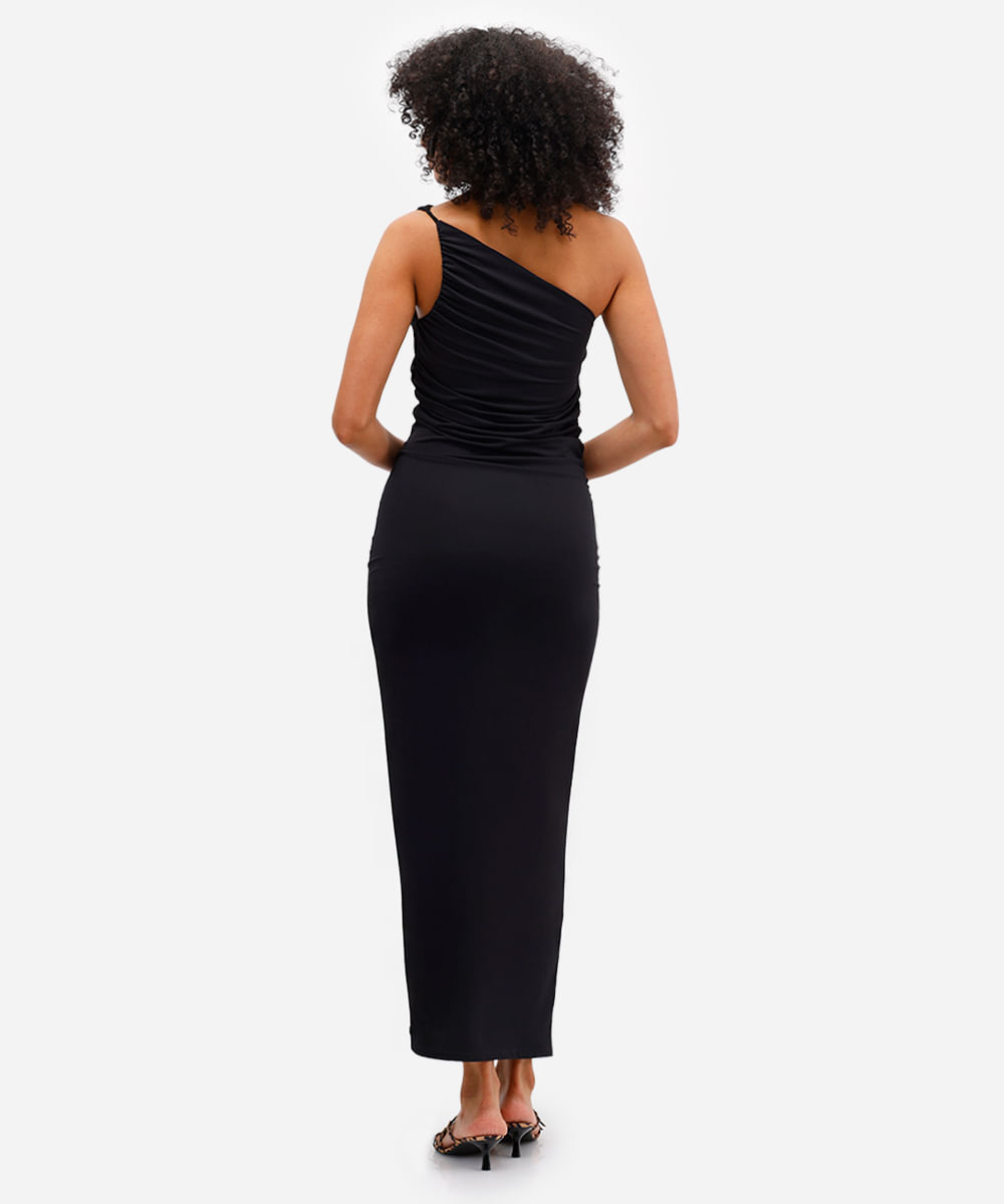 vestido midi ombro único franzido preto