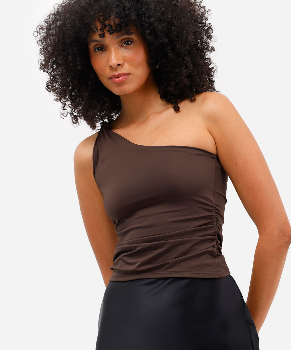 blusa ombro único feminina de poliamida franzida marrom