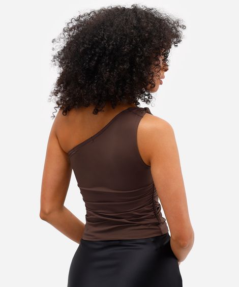 blusa ombro único feminina de poliamida franzida marrom