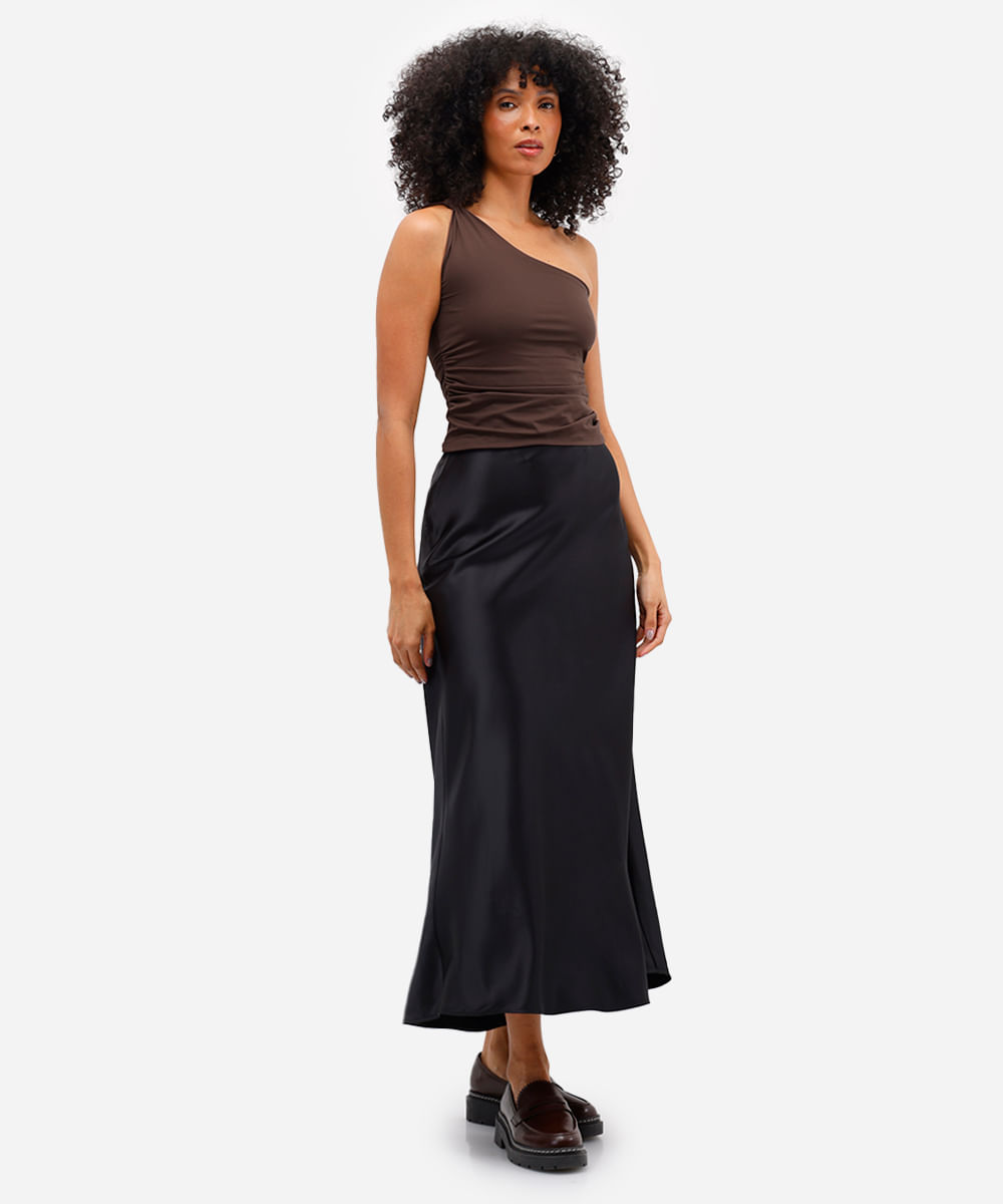 blusa ombro único feminina de poliamida franzida marrom