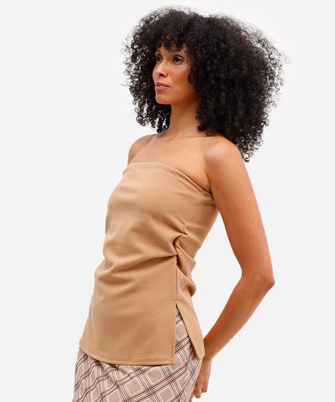 blusa sem alça feminina franzida com fendas marrom