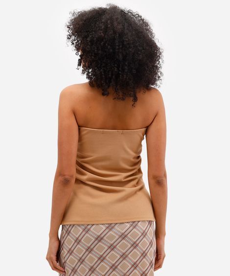 blusa sem alça feminina franzida com fendas marrom