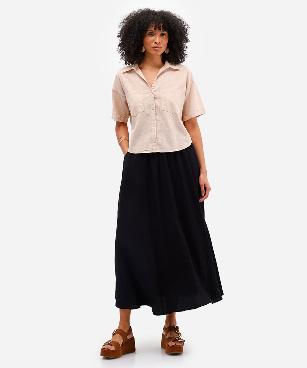 camisa feminina de algodão manga curta com bolsos bege