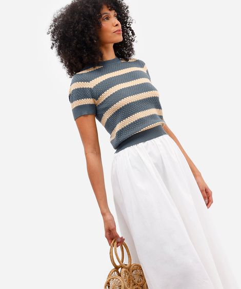 blusa feminina de tricot manga curta texturizada listrada azul