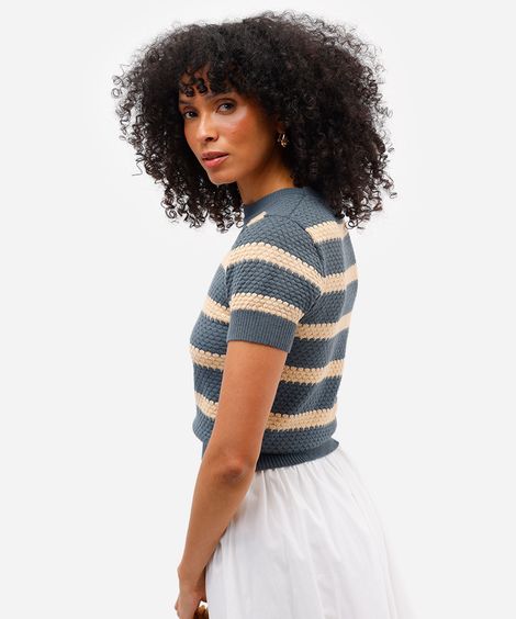 blusa feminina de tricot manga curta texturizada listrada azul