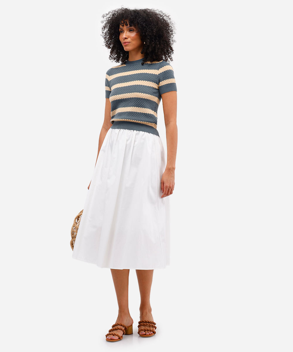 blusa feminina de tricot manga curta texturizada listrada azul